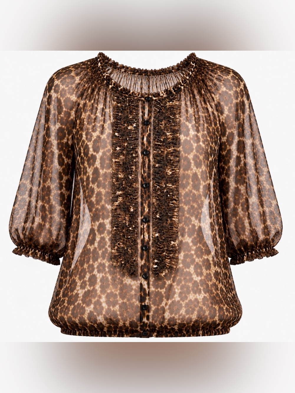 Sheer, Leopard-Print, Ruffle-Front Blouse - size Small